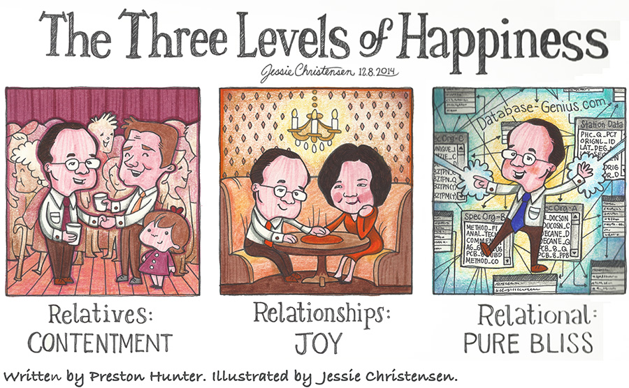 Preston Hunter: Database Genius (relational database cartoon)